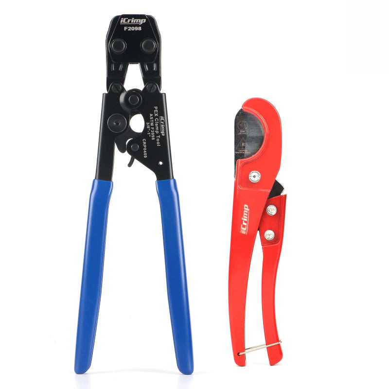 iCrimp PEX Clamp Cinch Tool for 3/8-inch to 1-inch Stainless Steel Clamps meet ASTM F2098 Standard with Pex Pipe Cutter Blue&red - Image 1